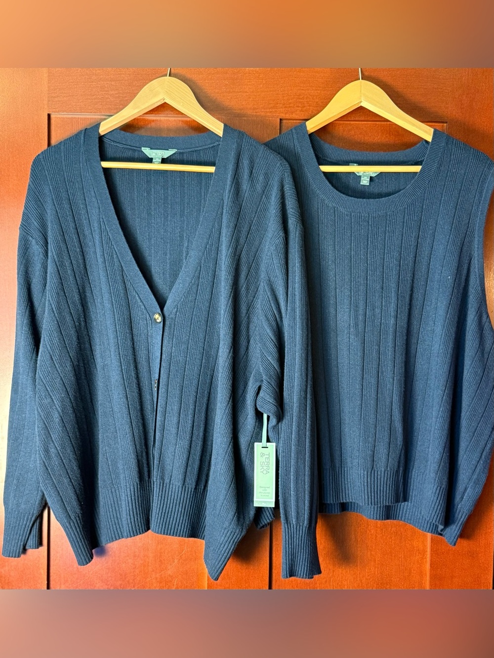 NWT Terra & Sky Plus Size 4X Ribbed Cardigan & Tank Twin Sweater Set Navy Blue